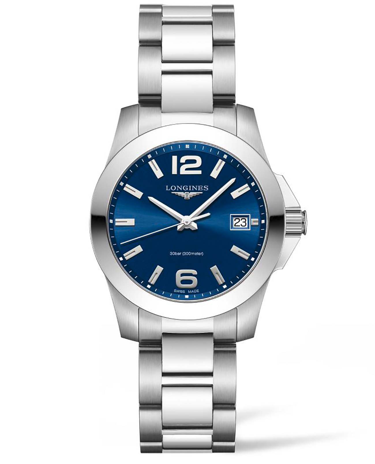 Longines Longines Conquest L3.377.4.96.6  L33774966 кварцевые женские часы синий циферблат, браслет нержавеющая сталь — вид спереди